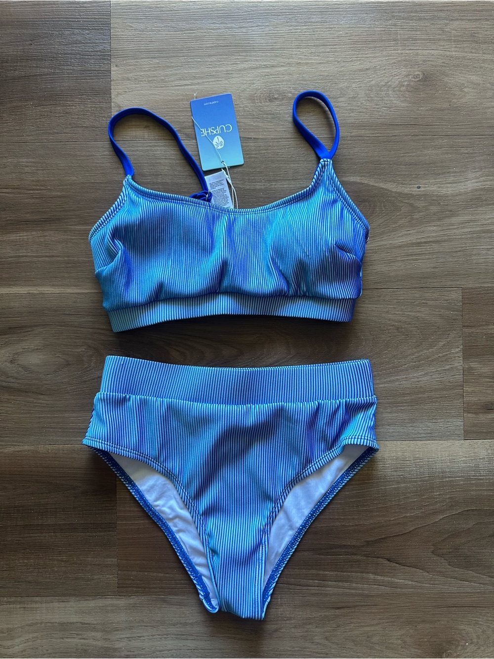 Cupshe Cute Blue Ribbed Bikini Top & Bottom Set womens XS